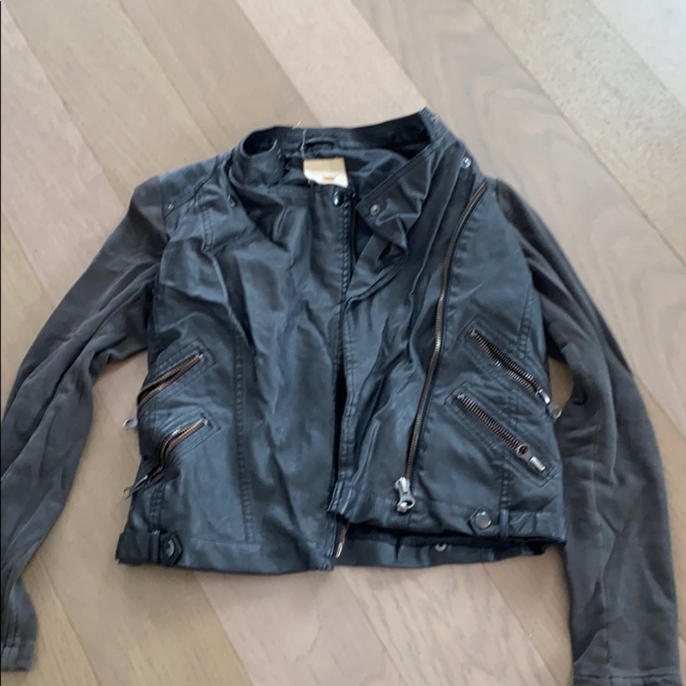 Charcoal Leather Bomber Jacket Fabric Sleeve Small